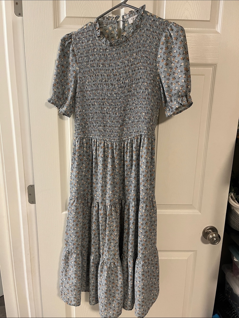 Smocked Blue Floral Midi Dress with Ruffled Neck